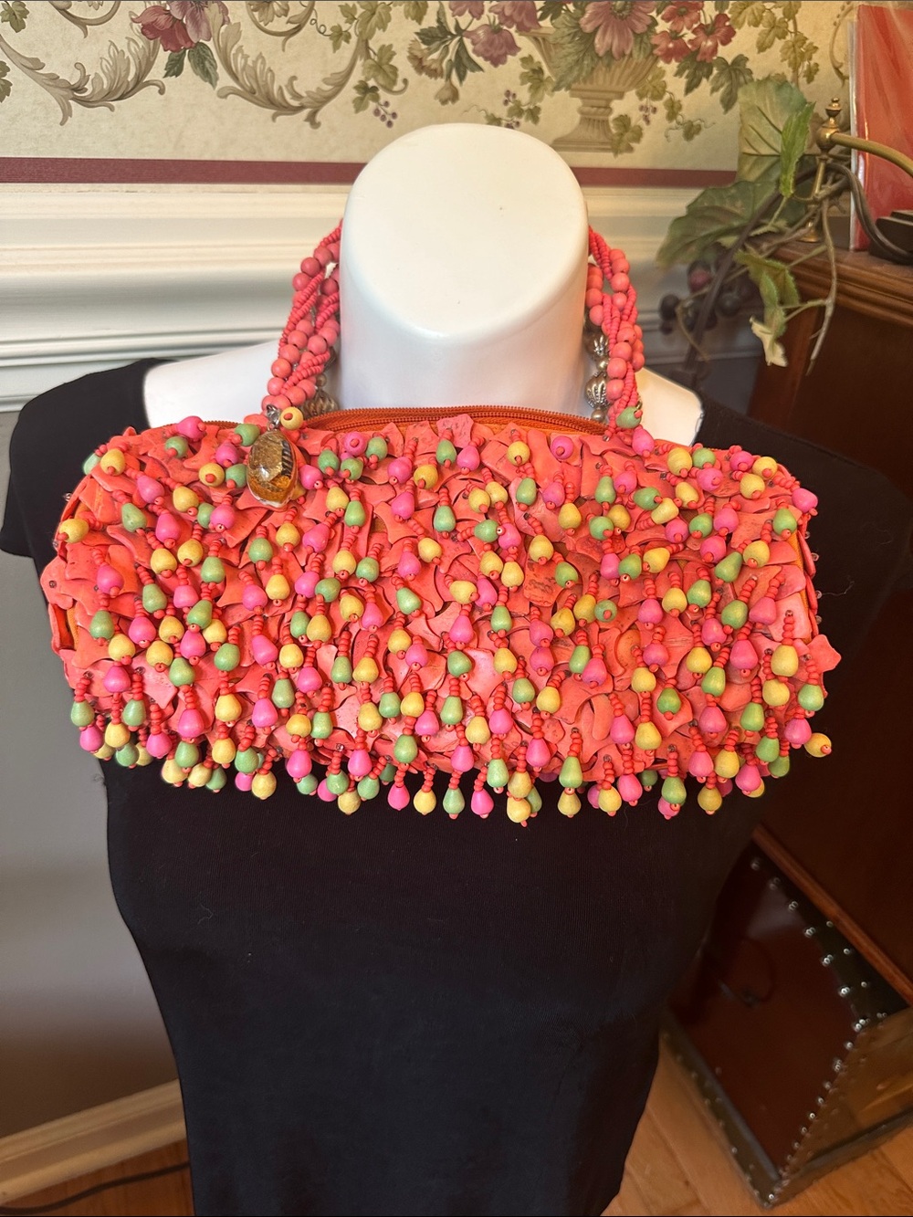 Mido Collection Y2K handcrafted shell and wooden bead barrel handbag, zipper top